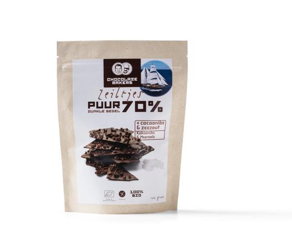Chocolate Makers Zeiltjes puur 70% cacaonibs & zeezout Chocolade Webshop
